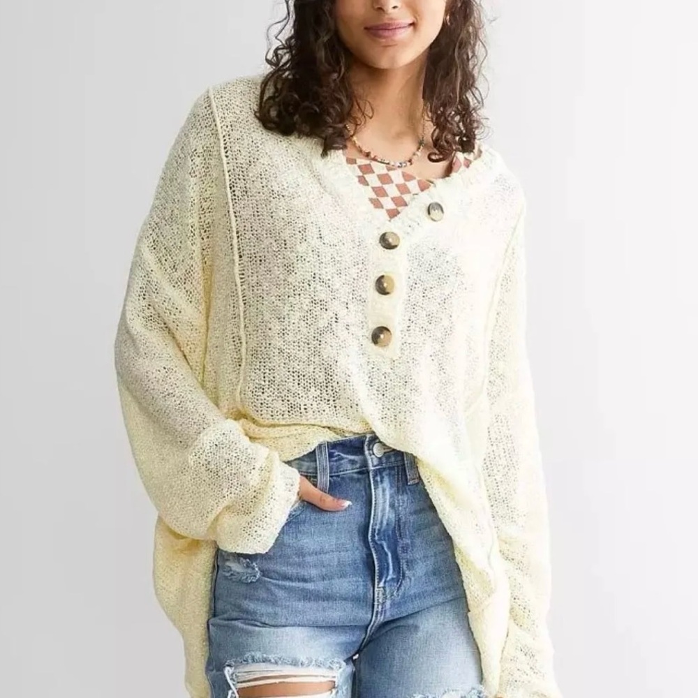 BKE Buckle Cream Oversized Henley Knit Button-Up Sweater